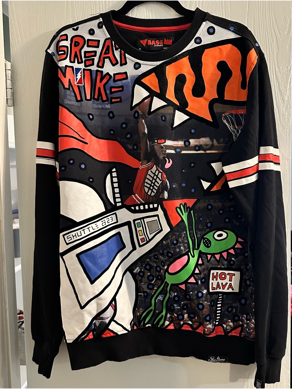 Bass Black Graphic Crewneck Sweater with Orange, Green, White Accents